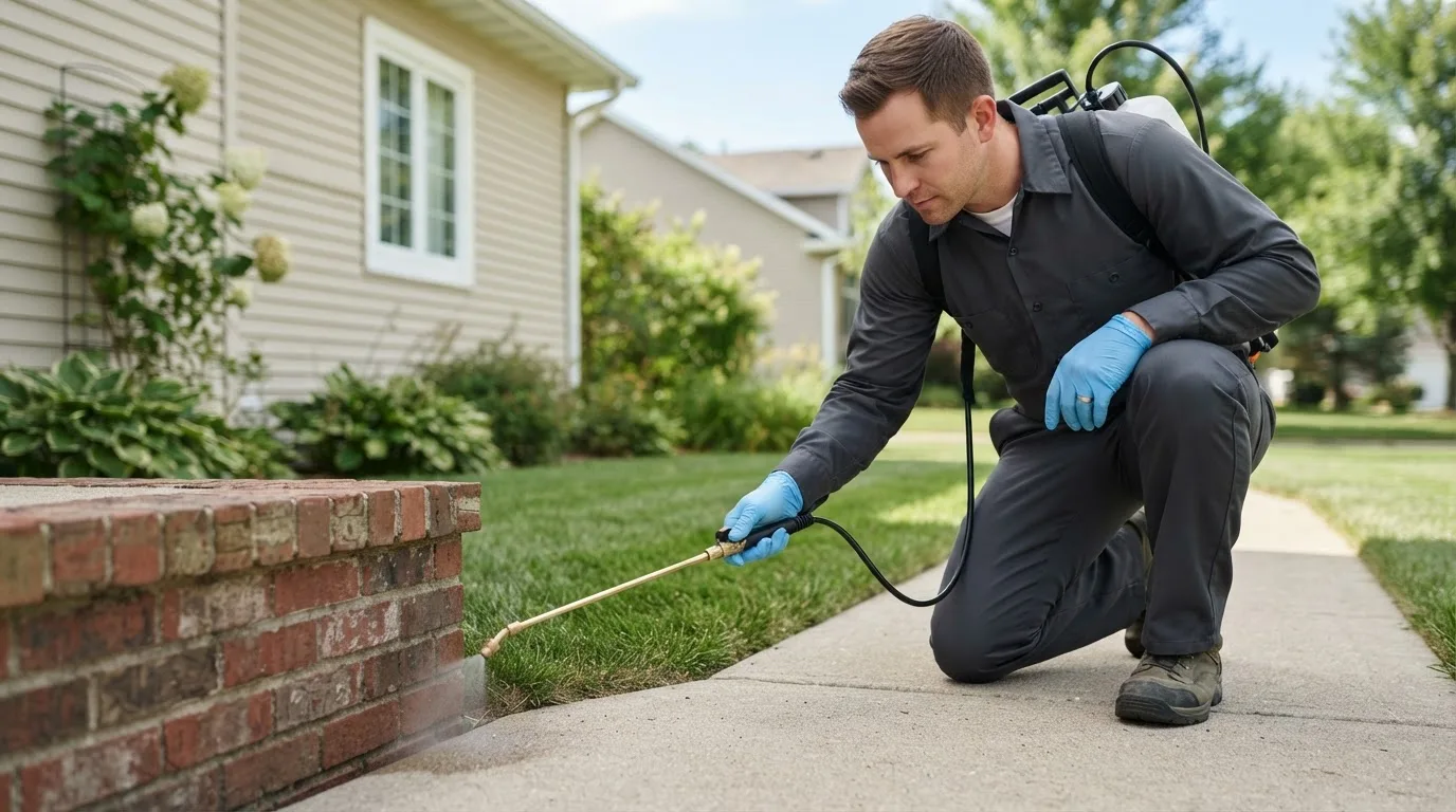 Pest control technician treating a home near Bonham, TX